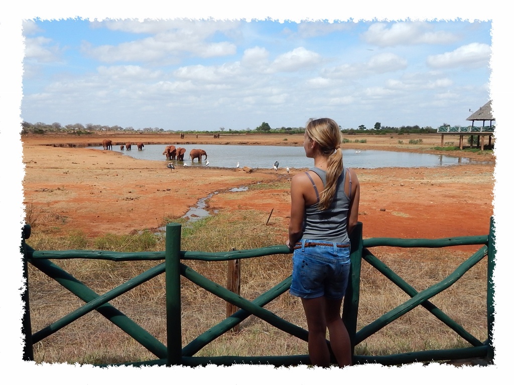 Hannah auf Terrasse im Tsavo East Nationalpark, Kenia
