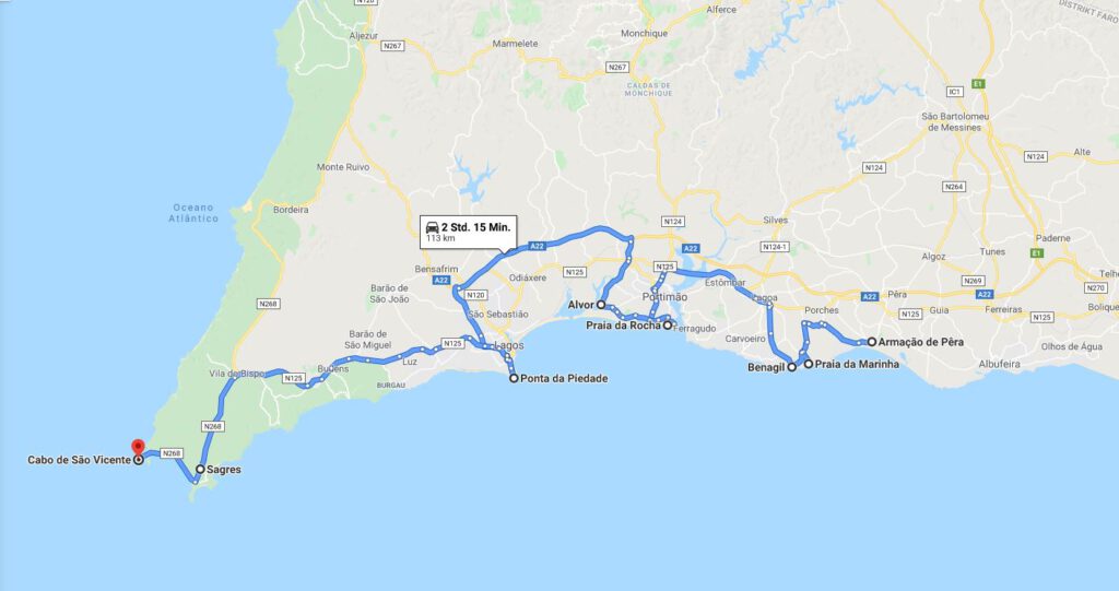 Roadtrip an der Algarve - Karte Route